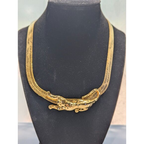 Leopard Panther Rhinestone Gold Tone Necklace - Picture 3 of 12